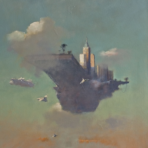 Painting of a city floating in a pink sky