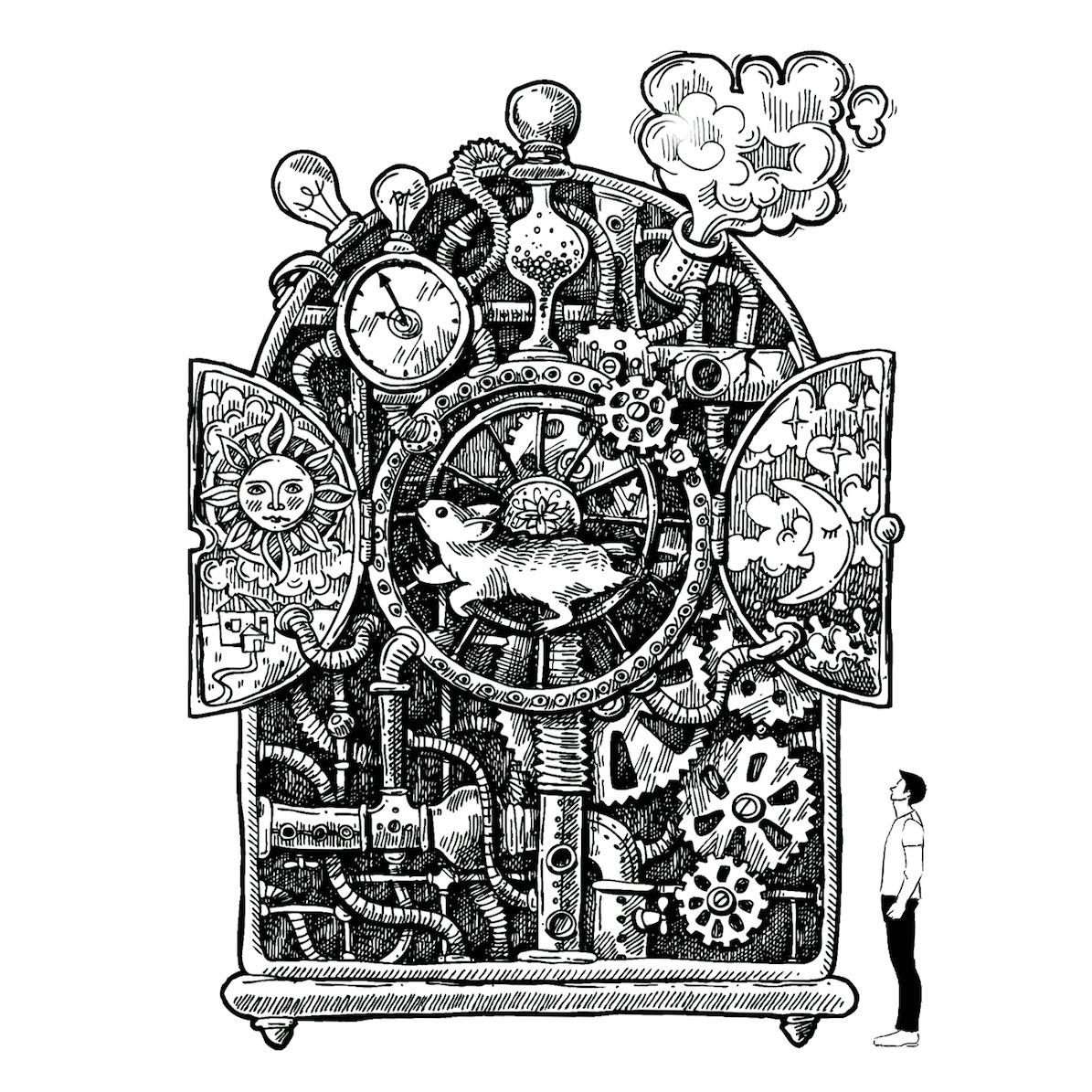 Drawing of a man looking up at a Rube-Goldberg machine